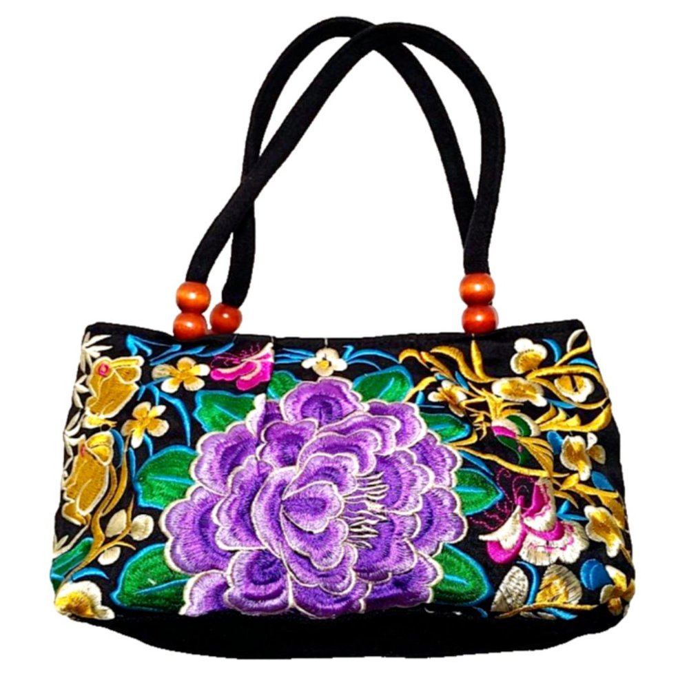 Embroidery Satchel Floral Rabbits Black Purple Canvas Tote Zip Top Handle Lined